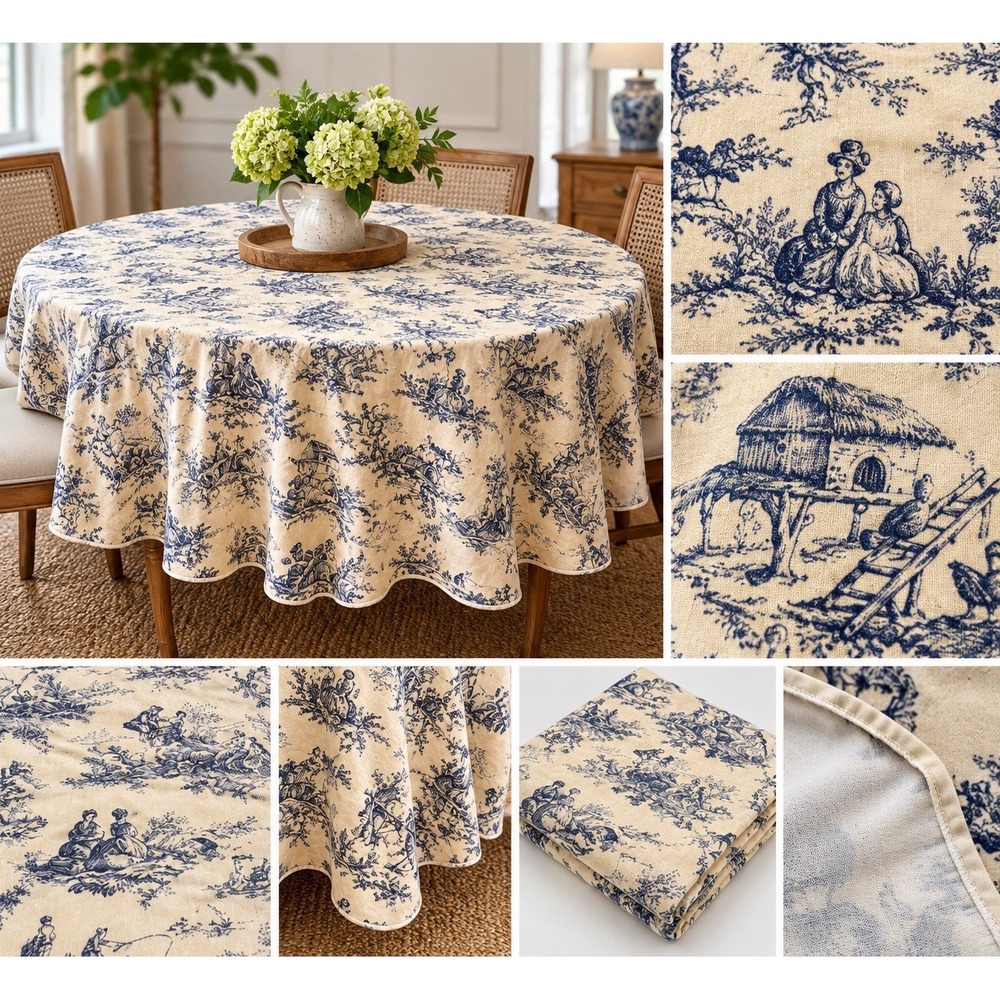 Vintage Toile Tablecloth Round French Country Blue Cream Lined Piping 70in